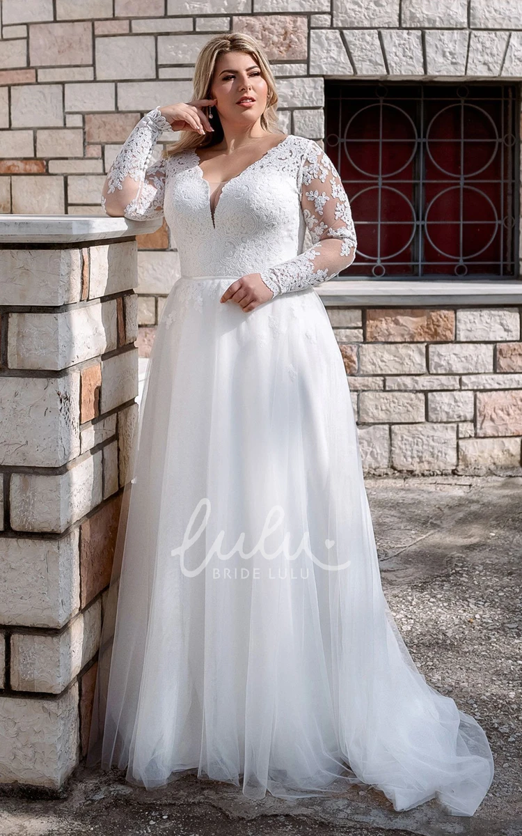 Long Sleeve Lace A Line Wedding Dress with Floor-length and Appliques Modern Style
