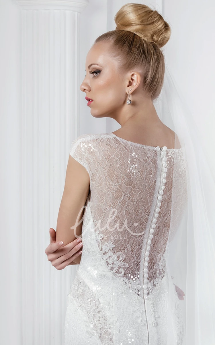 Sequined Lace Sheath Wedding Dress with Illusion Neckline