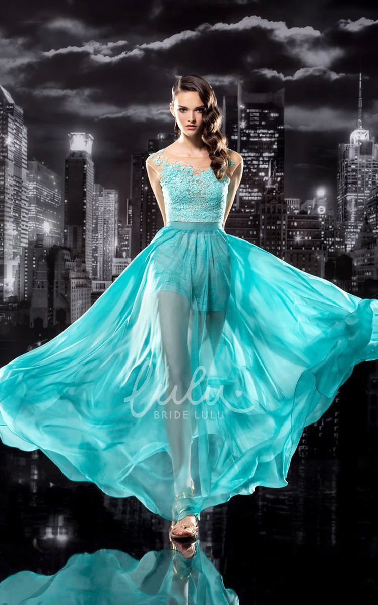 A-Line Chiffon Lace Formal Dress with Cap-Sleeves and Deep-V Back Appliques