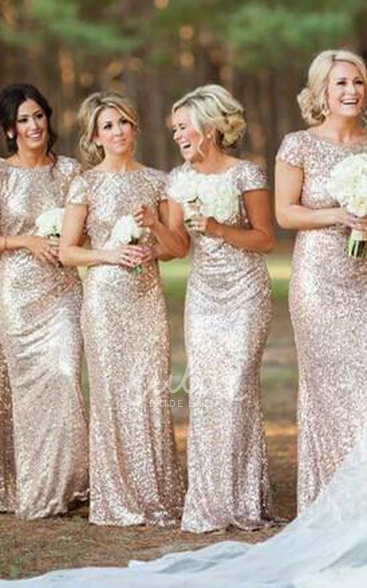 Sequin Bateau Cap Sleeve Prom Dress for Bridesmaids