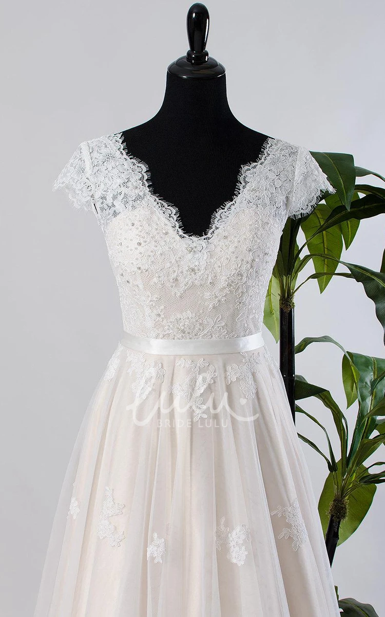 Low-V Back Cap Sleeve Wedding Dress with Tulle and Lace Modern Bridal Gown