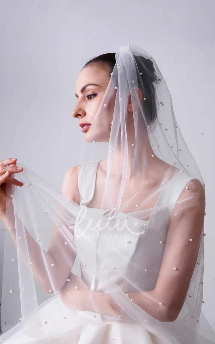 Timeless Elegant One Tier Cathedral Length Pearl Tulle Bridal Veil