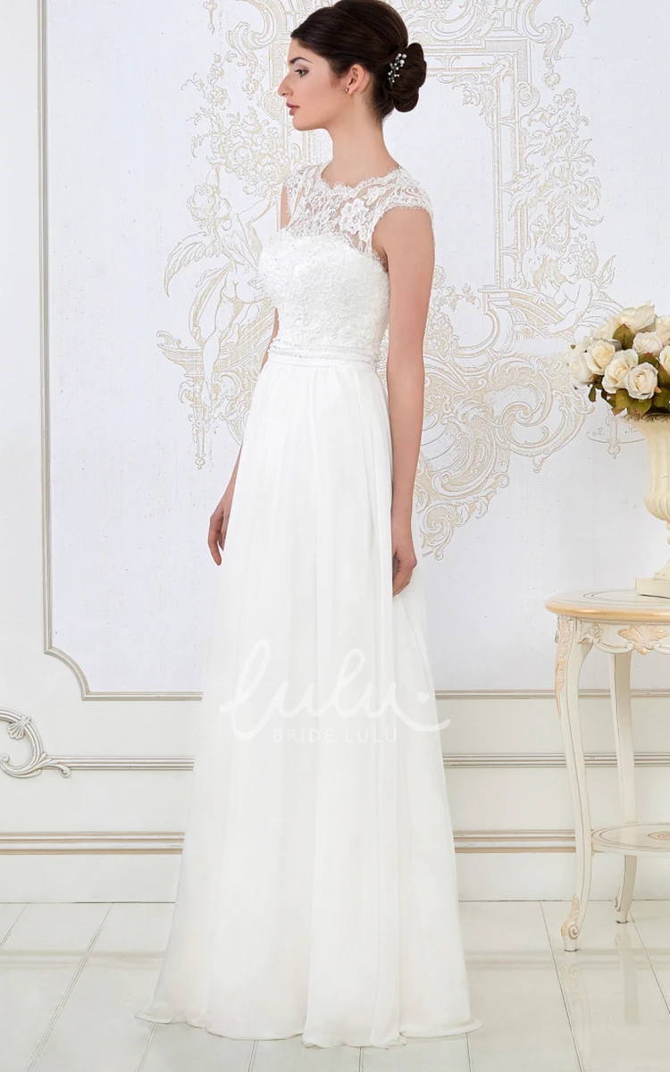 Pleated Appliqued Scoop-Neck Long A-Line Wedding Dress