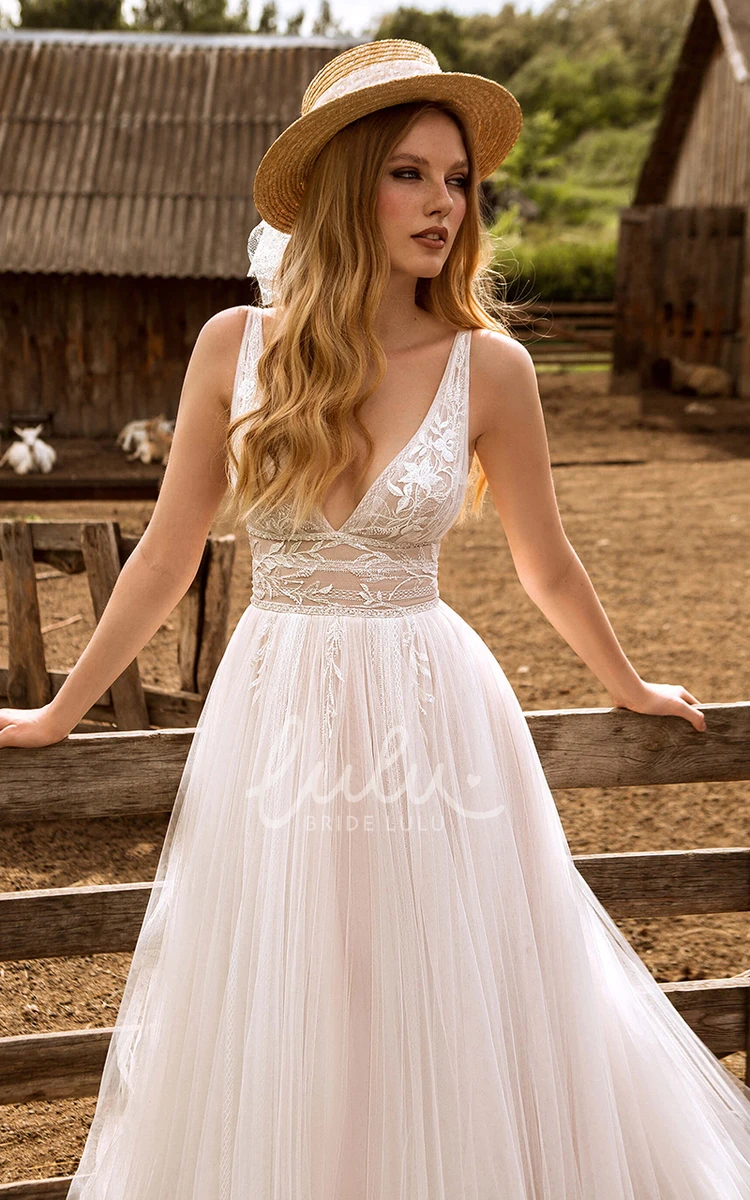 Plunging Neckline Tulle A-Line Wedding Dress with Appliques Elegant Bridal Gown