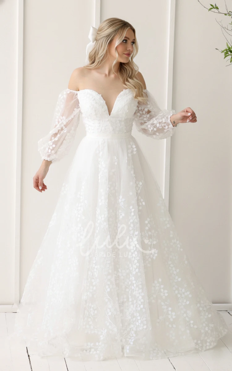 Elegant A-Line Off Shoulder Wedding Dress with Puff Sleeves and Lace Appliques Romantic Tulle Bridal Gown