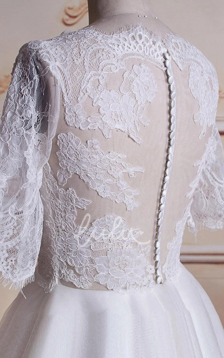 3/4 Sleeve Tea-Length Wedding Dress Tulle Lace Satin