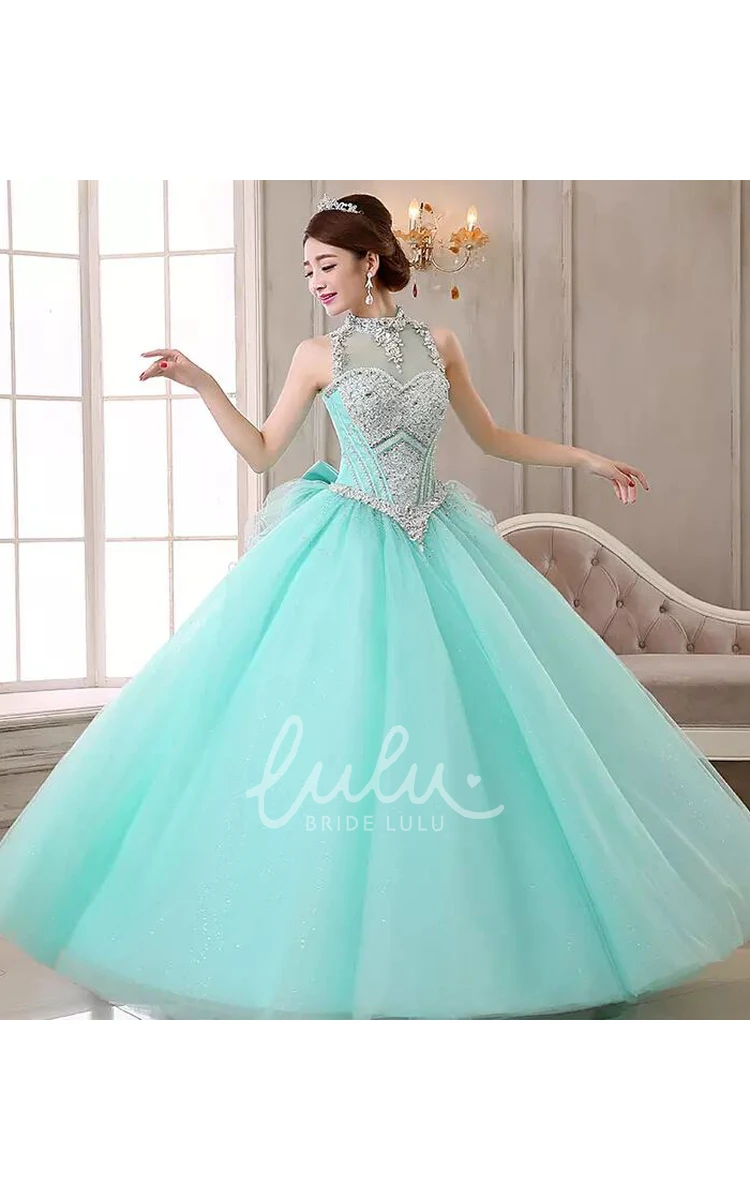 Ball Gown Organza Tulle Prom Dress with Beading and Ruffles Sleeveless and High Neck