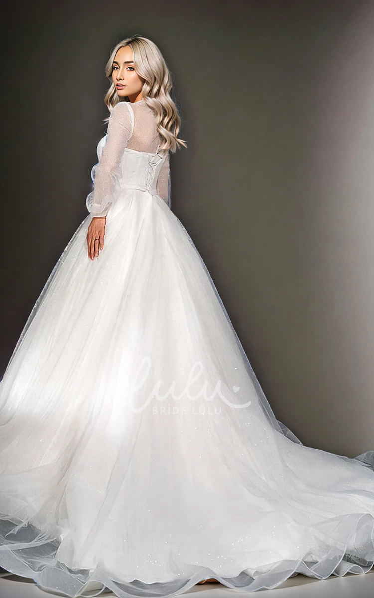 Modest Romantic Plus Size Tulle Puff Long Sleeve A-Line Jewel Sweetheart Neck Wedding Dress Solid Simple Floor-length Train Button Lace-up Back Bridal Gown with Sash