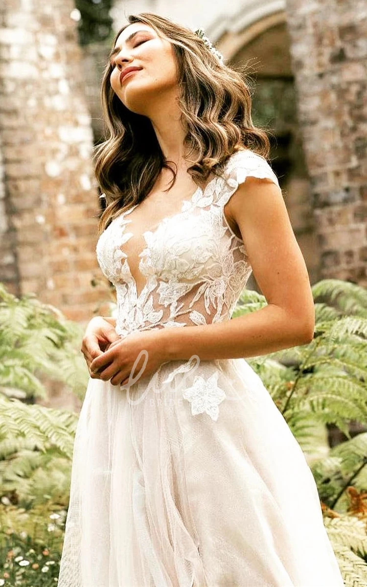 Romantic Scalloped Neck A-Line Tulle Wedding Dress with Appliques Flowy Wedding Gown