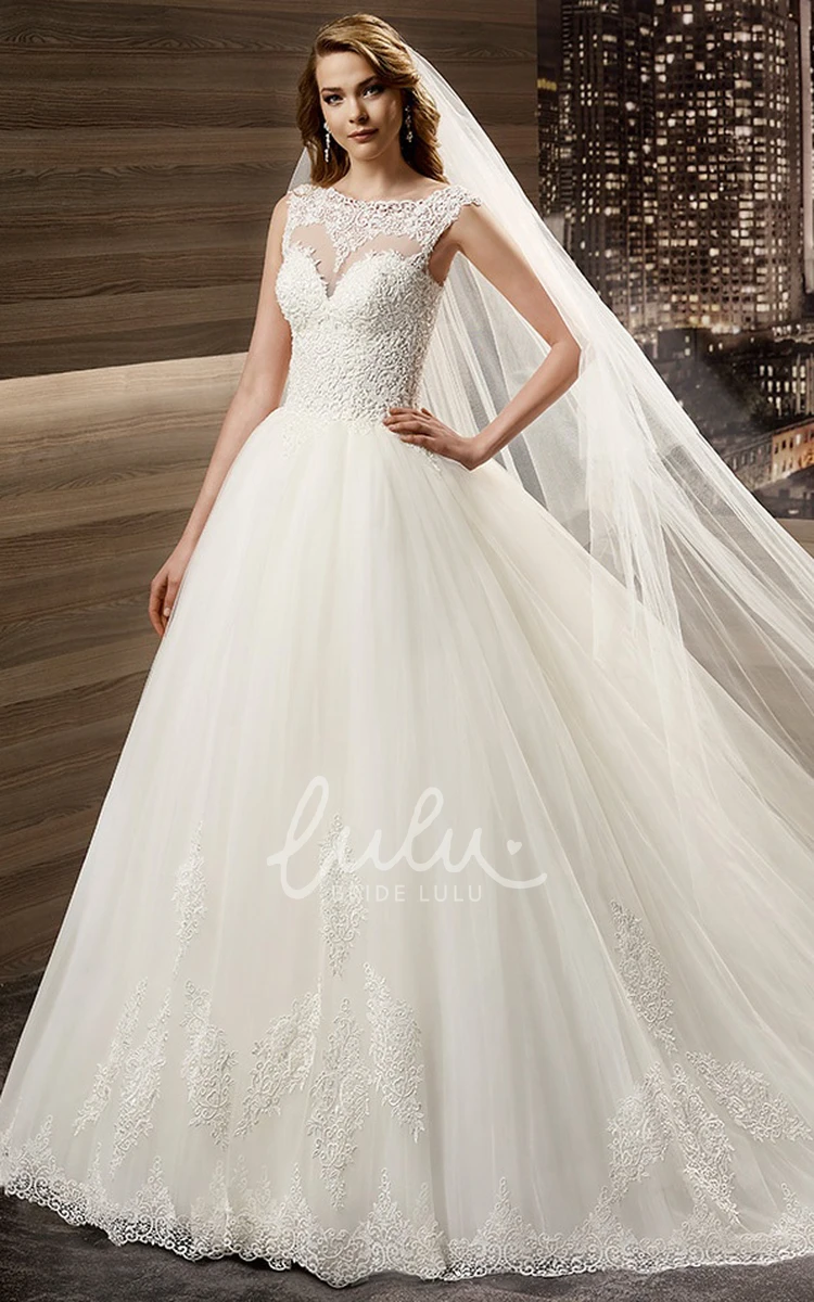 A-line Wedding Dress with Illusion Cap Sleeves Beaded Jewel Neck Court Train