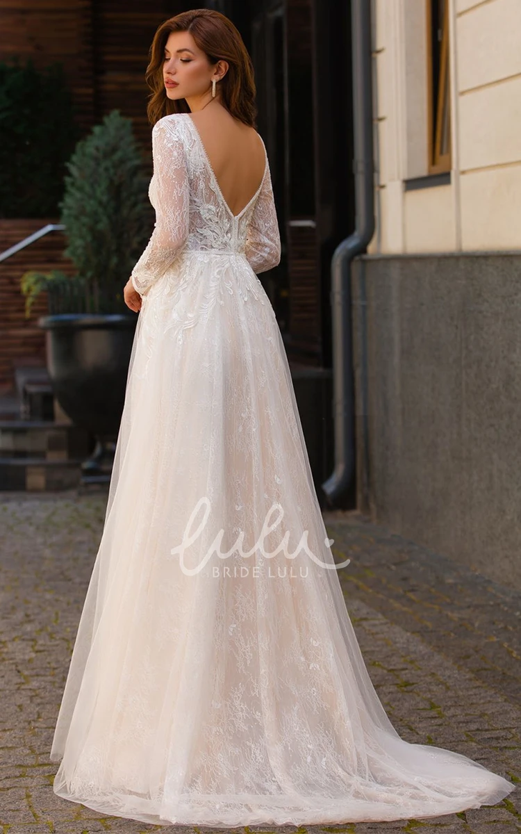 A Line Tulle Plunging Neck Wedding Dress with Appliques Long Sleeved and Elegant