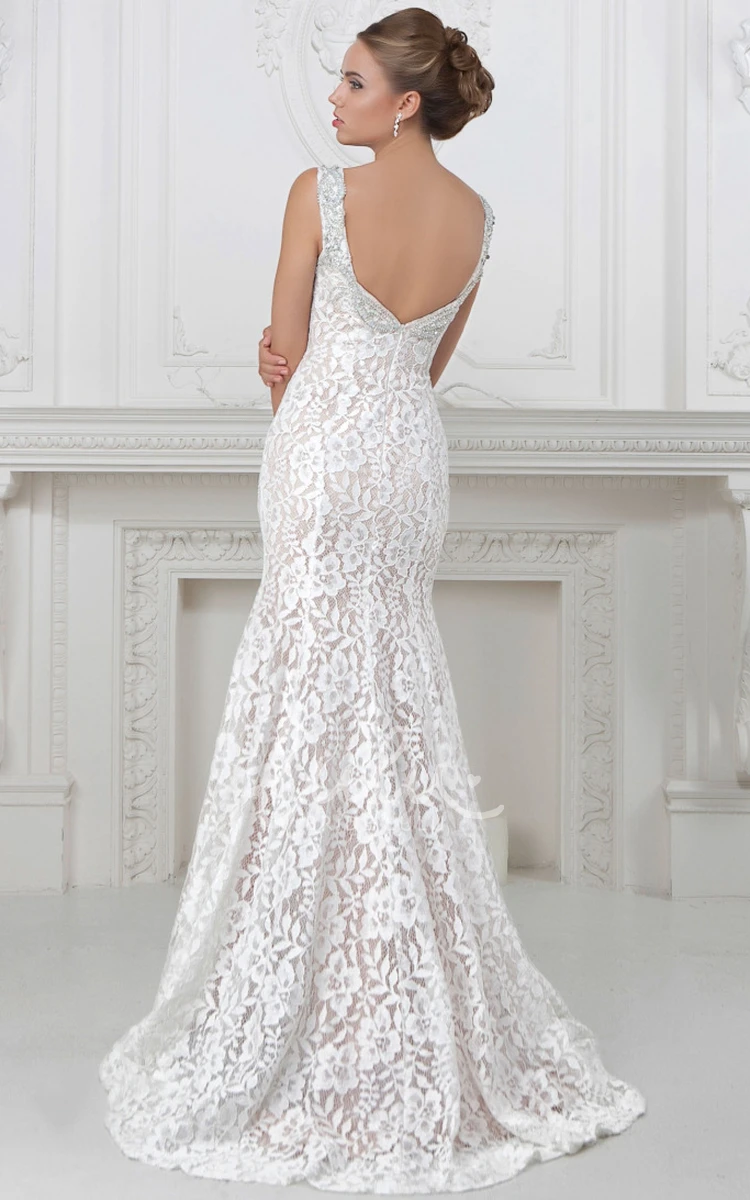 Sleeveless V-Neck Beaded Lace&Satin Sheath Wedding Dress Elegant Bridal Gown