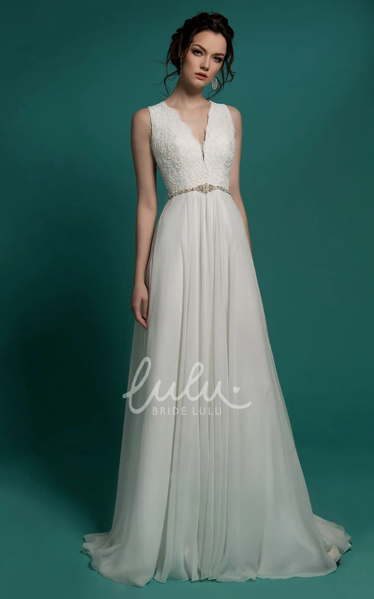 A-Line Chiffon Illusion Wedding Dress with Beading and Lace Appliques