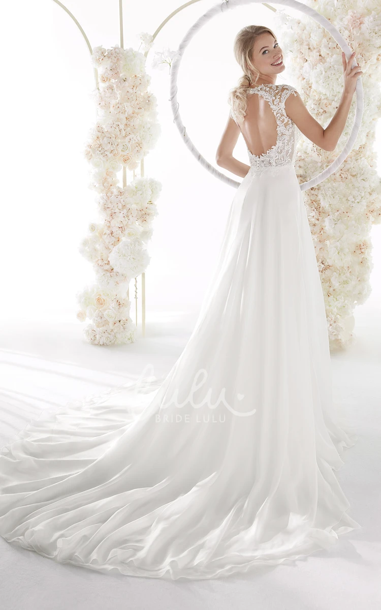 Elegant Cap Sleeve Lace Chiffon Wedding Dress with Illusion Neckline and Keyhole Back