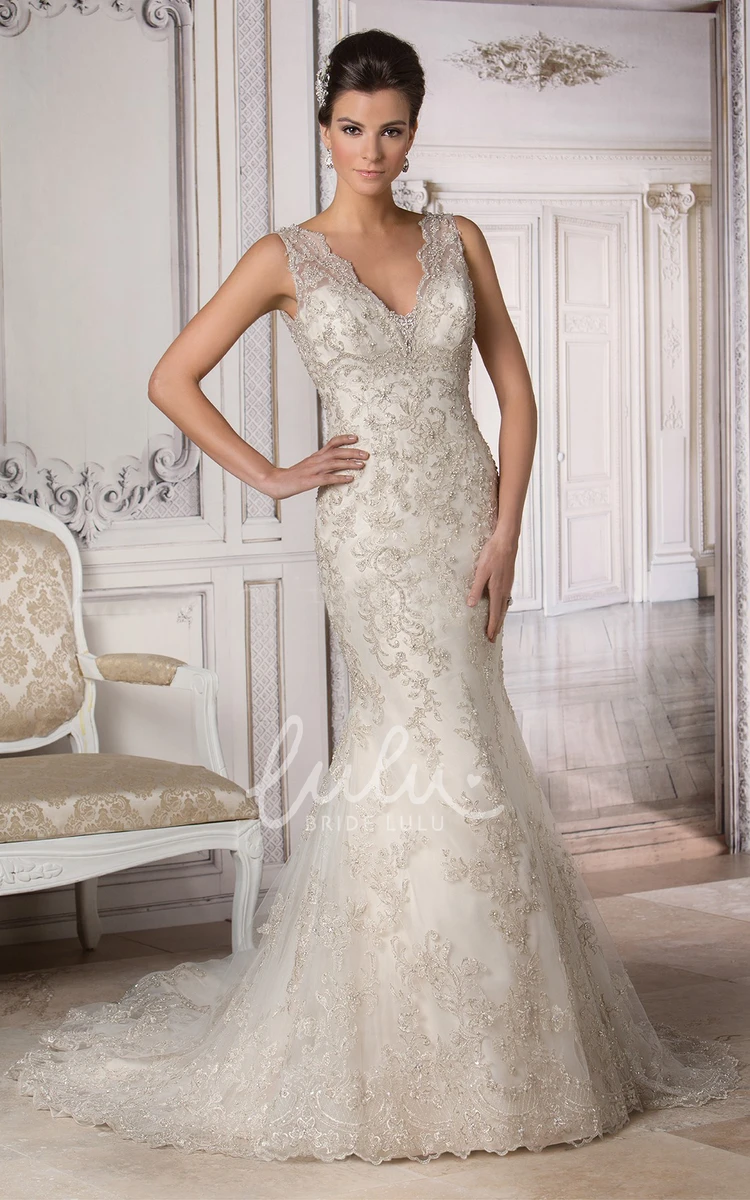 Crystal V-Neck Mermaid Wedding Dress with Deep V-Back Elegant Bridal Gown