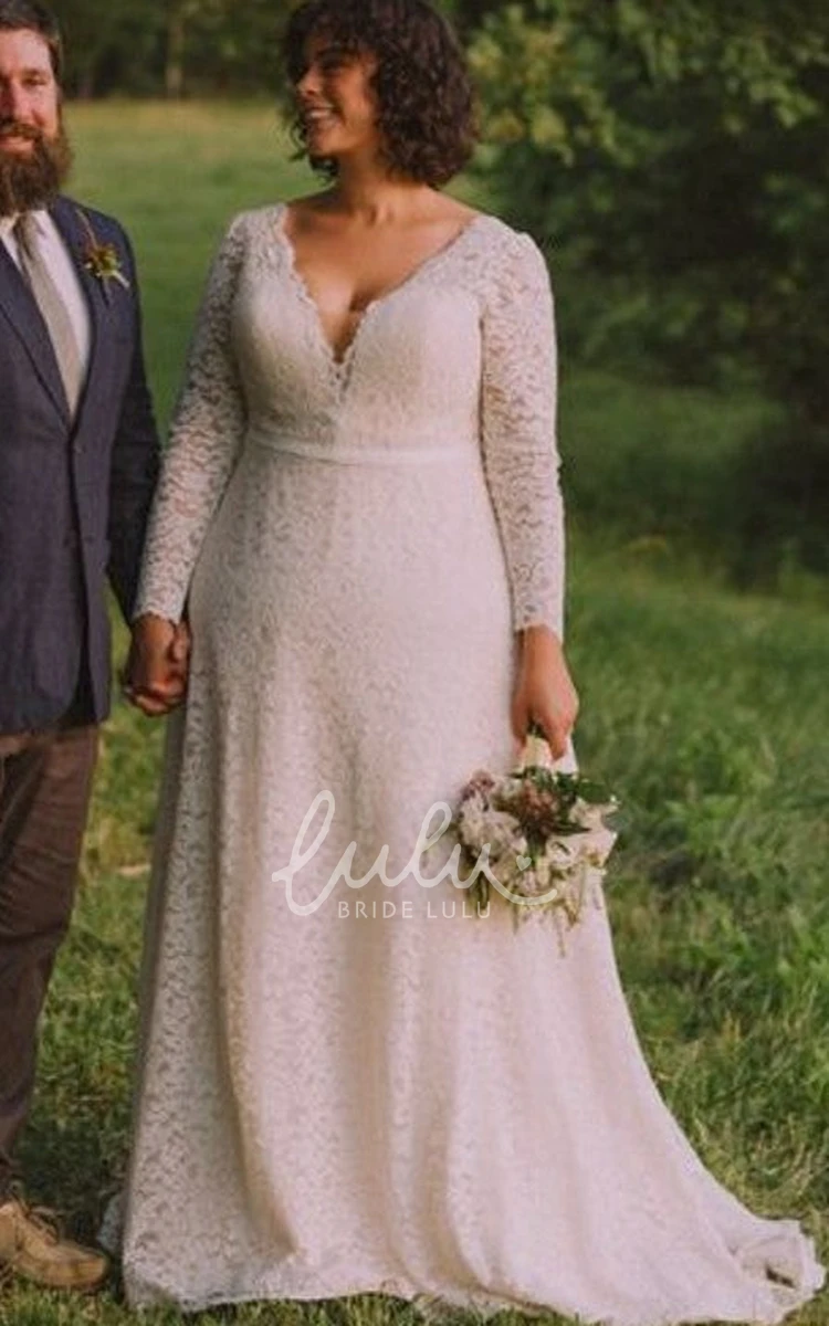 Lace V-neck A-line Long Sleeve Wedding Dress Modern and Elegant