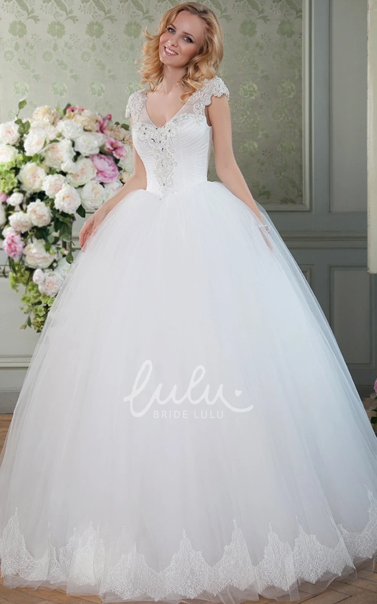 V-Neck Beaded Ruched Tulle Wedding Dress with Chapel Train Beaded Chapel Train Lace Up Ruched Tulle V-Neck Wedding Dress