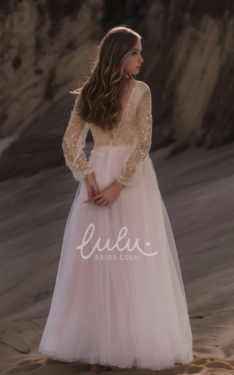 Elegant Sparkly Boho A-Line Sequins Long Sleeve Maxi Wedding Dress Fall Casual Plunging Neckline Floor Length Deep-V Back Tulle Bridal Gown