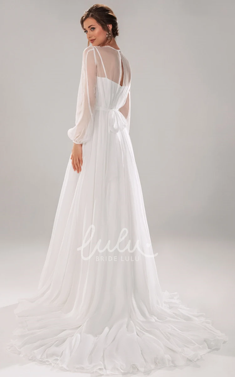 A Line Chiffon Long Sleeve Wedding Dress with Train Elegant and Beautiful