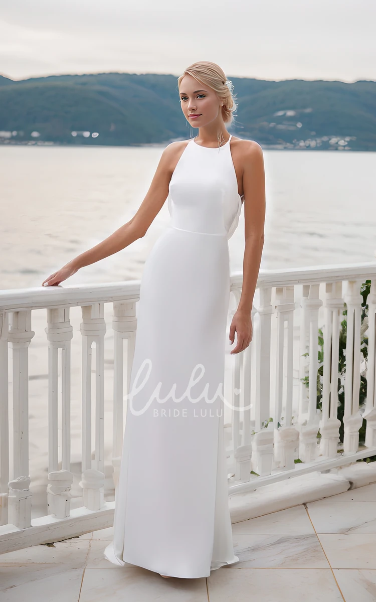 Sheath Halter Neck Solid Sexy Simple Floor-length Wedding Dress Beach Sleeveless Open Cross Straps Cowl Back Bridal Gown with Sweep Train