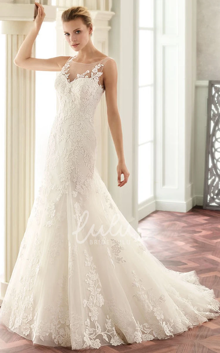 Court Train Lace Wedding Dress with Long Sleeves and Scoop Neckline