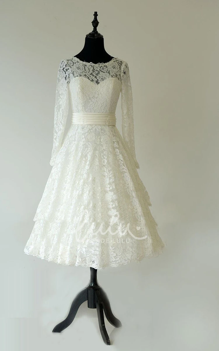 Lace Bateau Neck Tea-Length Dress with Long Sleeves for Bridesmaids