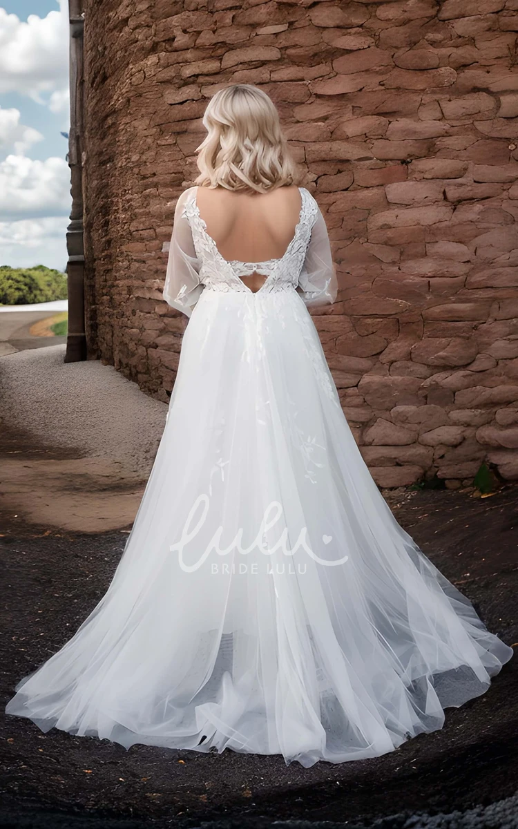 Sexy A-Line V-neck Lace Plus Size Zipper Wedding Dress with Long Sleeve