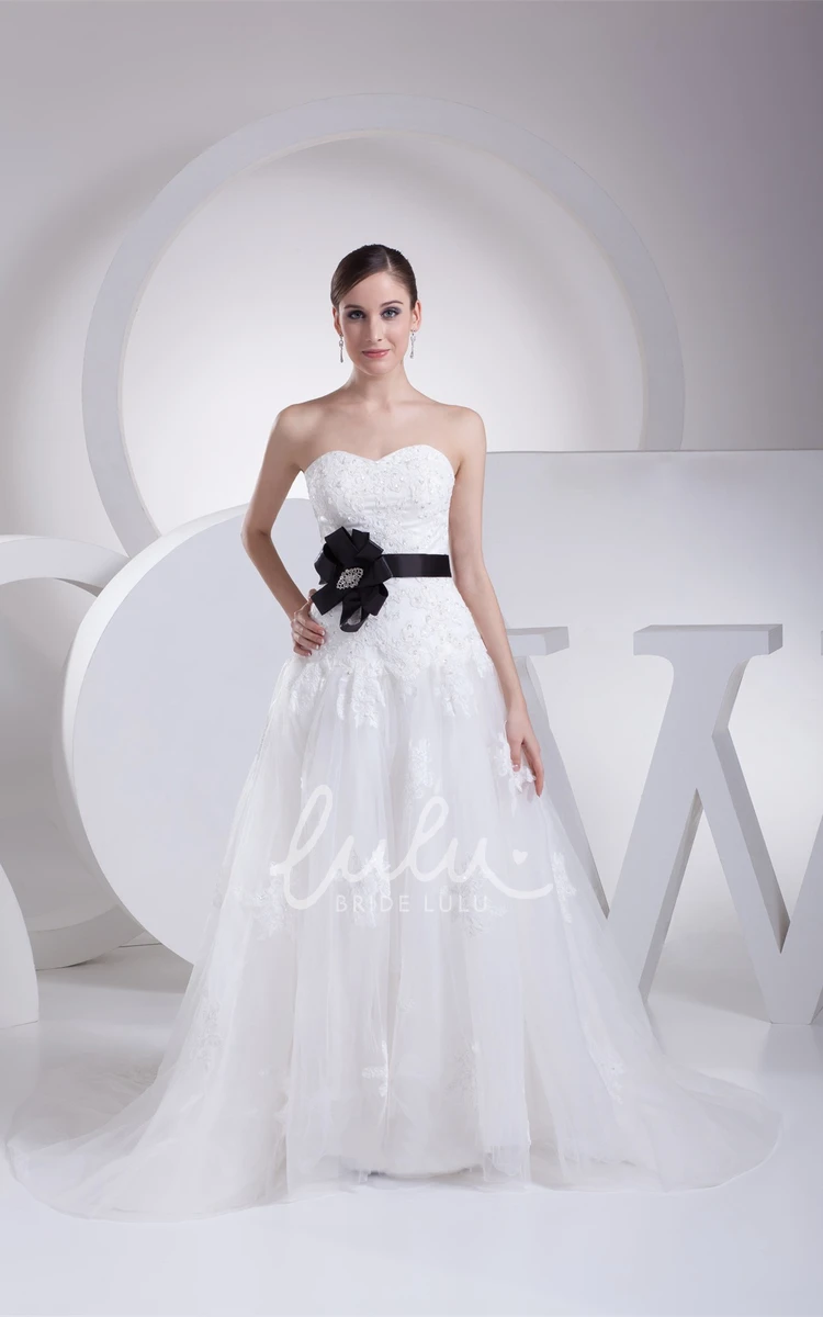 Lace Tulle A-Line Wedding Gown with Appliques and Beaded Bow Elegant A-Line Wedding Gown with Lace Tulle Appliques and Beaded Bow