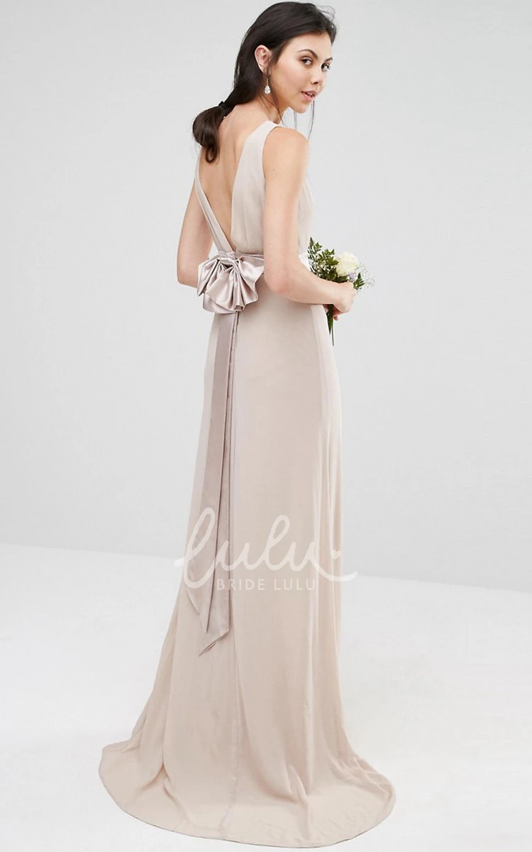 Jewel Neck Sleeveless Chiffon Bridesmaid Dress Floor-Length Sheath Bow