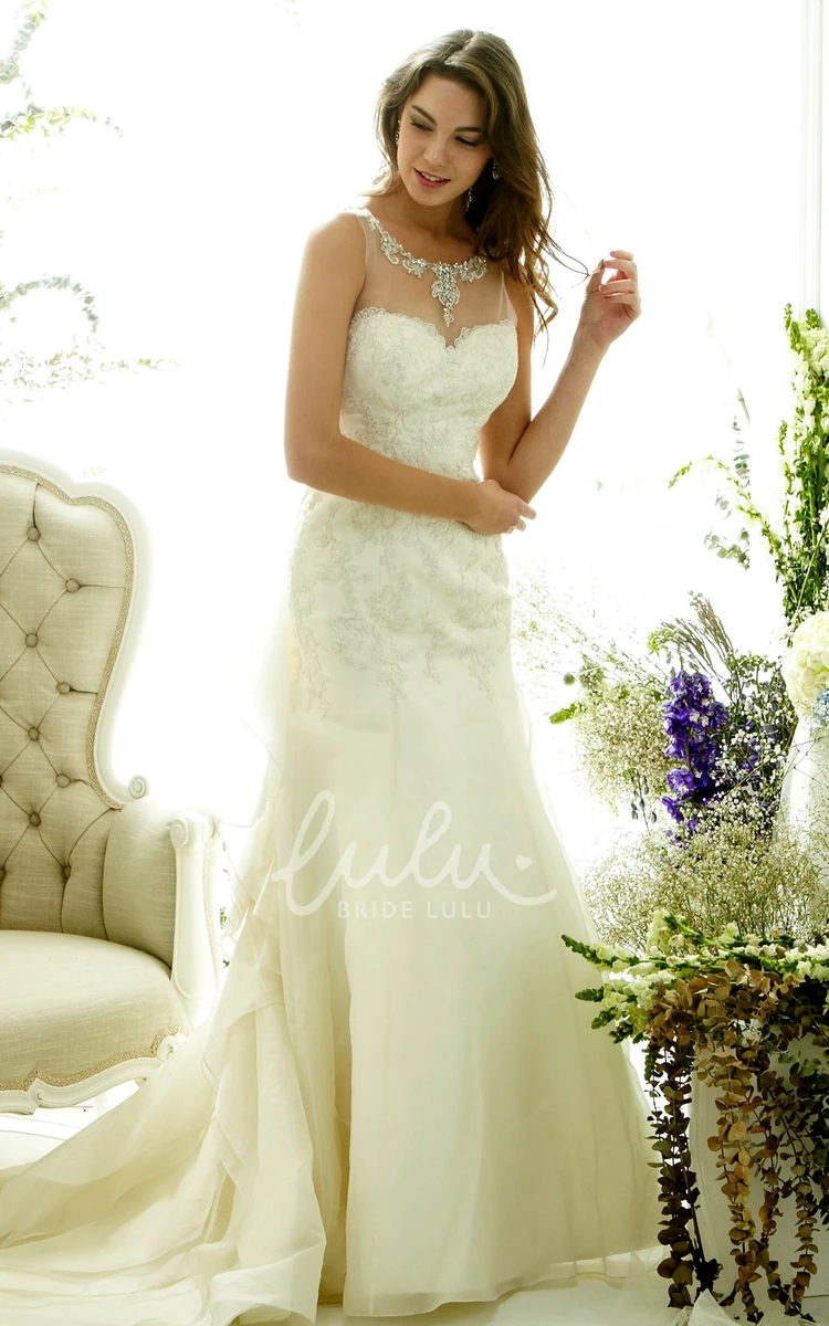 Beaded Trumpet Sleeveless Wedding Dress with Ruffles Long Bridal Gown