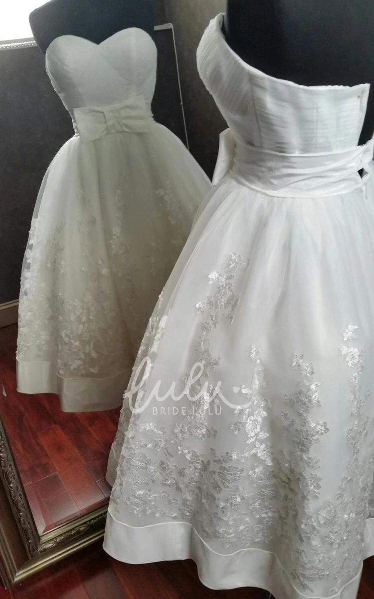 A-Line Tea-Length Wedding Dress with Applique and Bow Detail