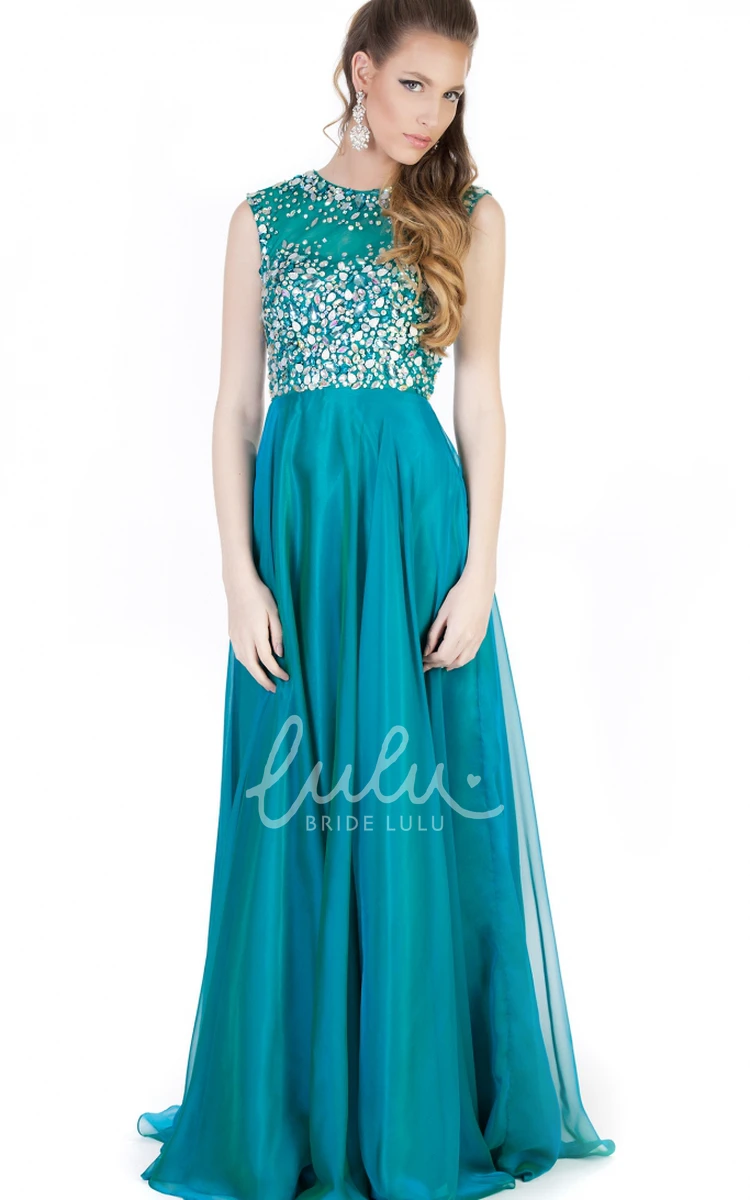 High-Neck Beaded Maxi Sleeveless Evening Dress A-Line Style