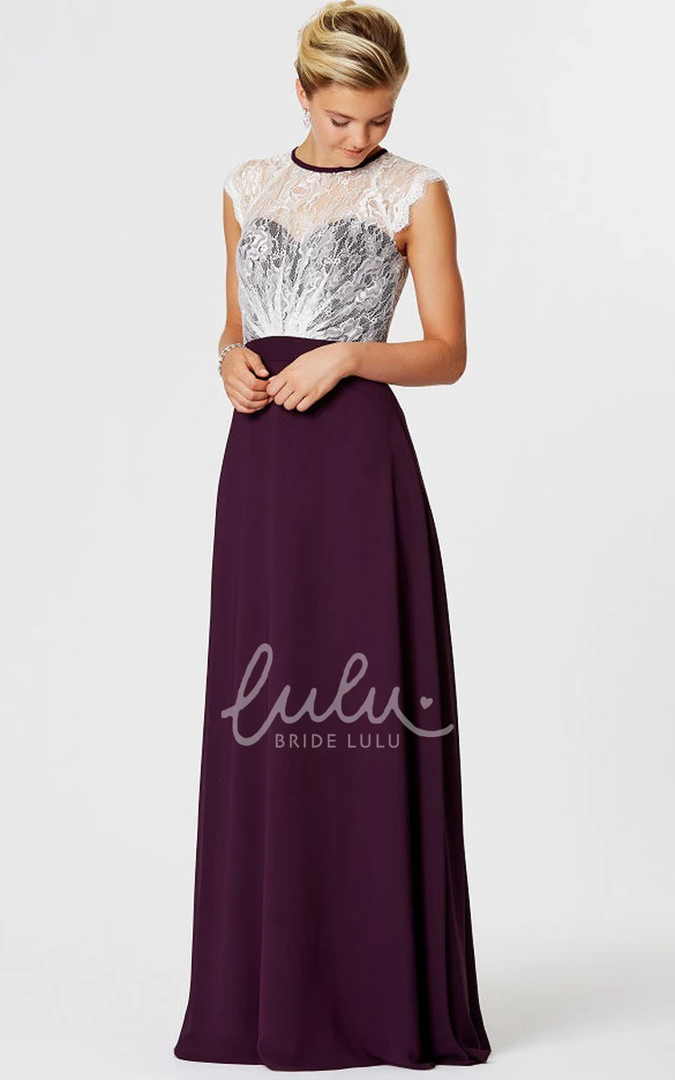 High Neck Chiffon Bridesmaid Dress with Lace Bodice and Illusion Back in Sleeveless Style