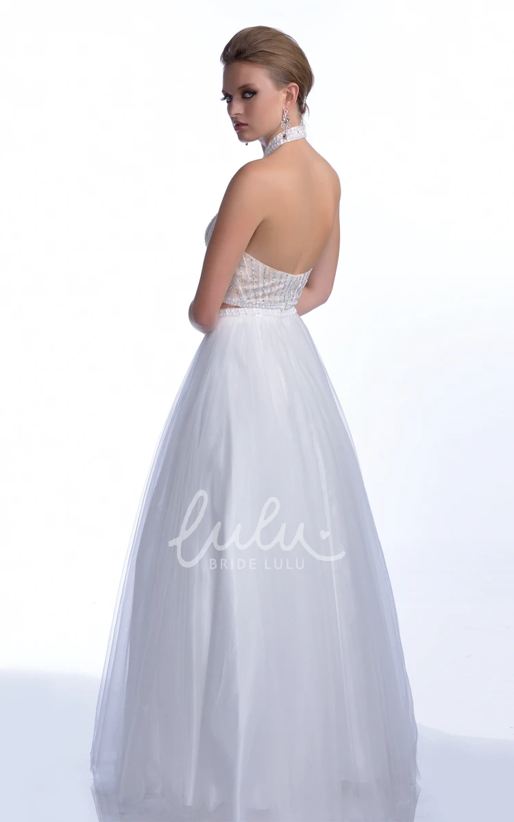 Sleeveless A-Line Tulle Prom Dress with Halter and Crystal Bodice