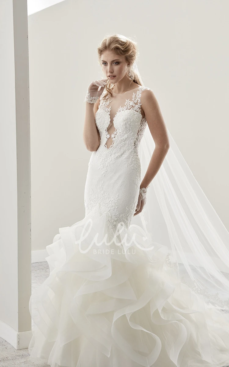 Jewel-Neck Sheath Wedding Dress with Cap Sleeves and Ruffles Illusion Unique Classy
