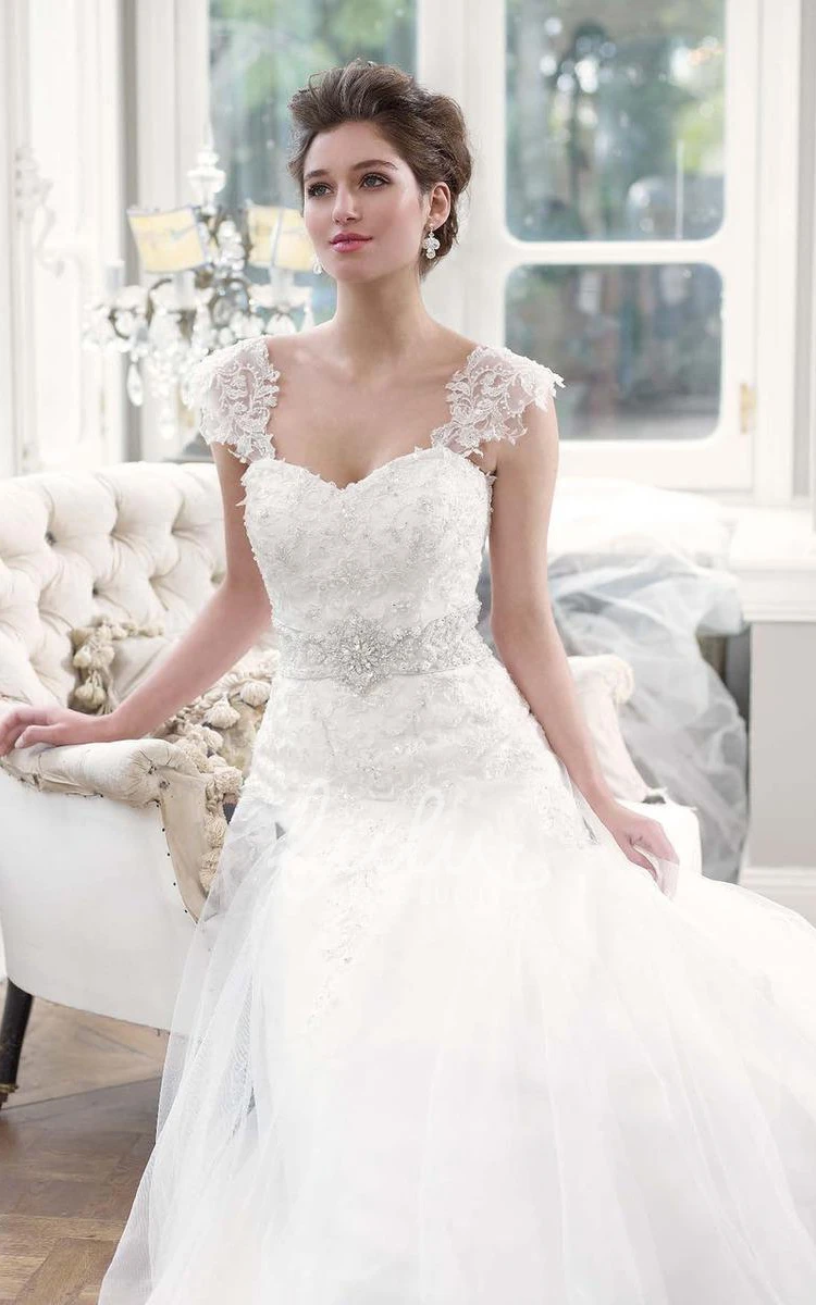 Jeweled Tulle&Lace A-Line Wedding Dress with Cape Classy Bridal Gown