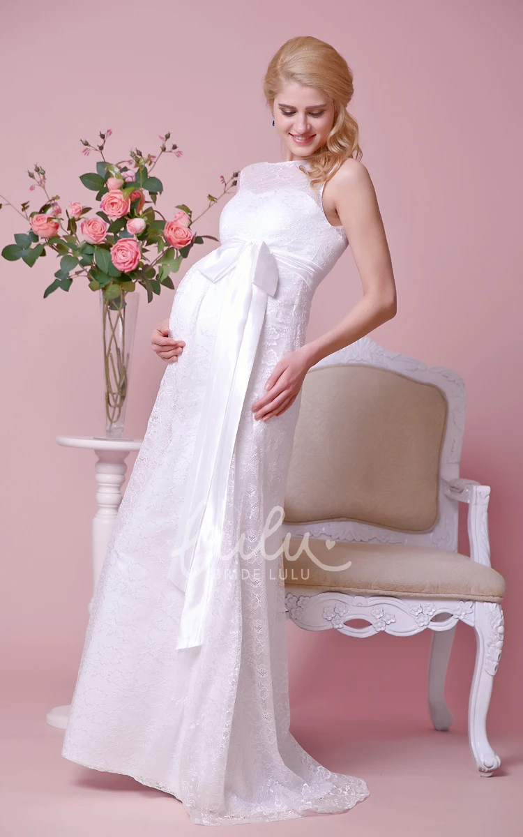 Lace Cap-Sleeved Maternity Wedding Dress with Bateau Neck and Satin Bow