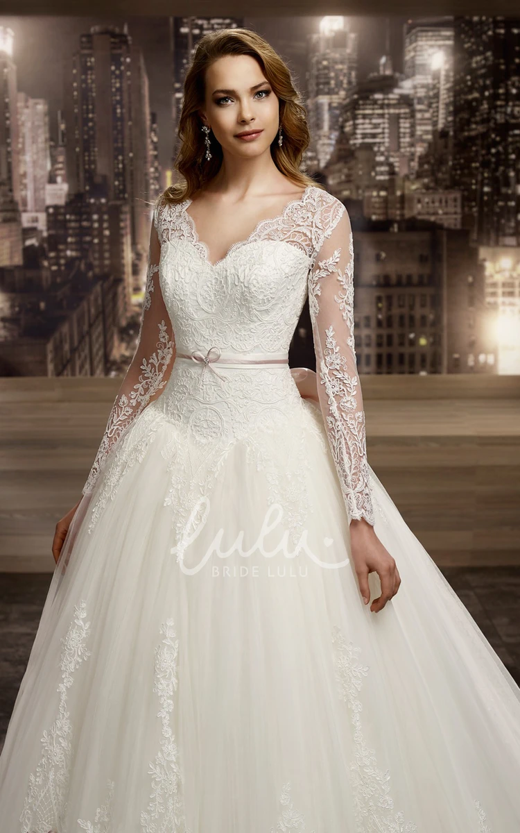 A-Line Wedding Dress with V-neck and Back Bow Illusion Modern Country