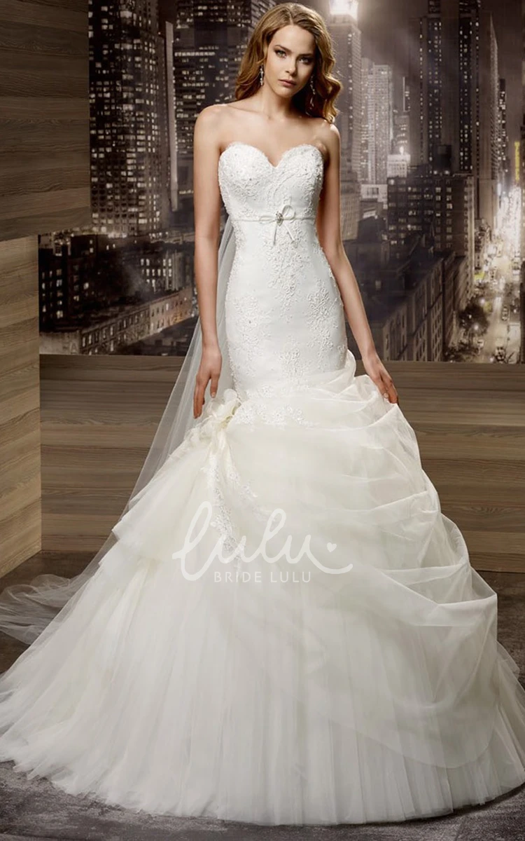 Mermaid Lace Wedding Dress with Ruffles Overlayer and Open Back Sweetheart Flowy Beach