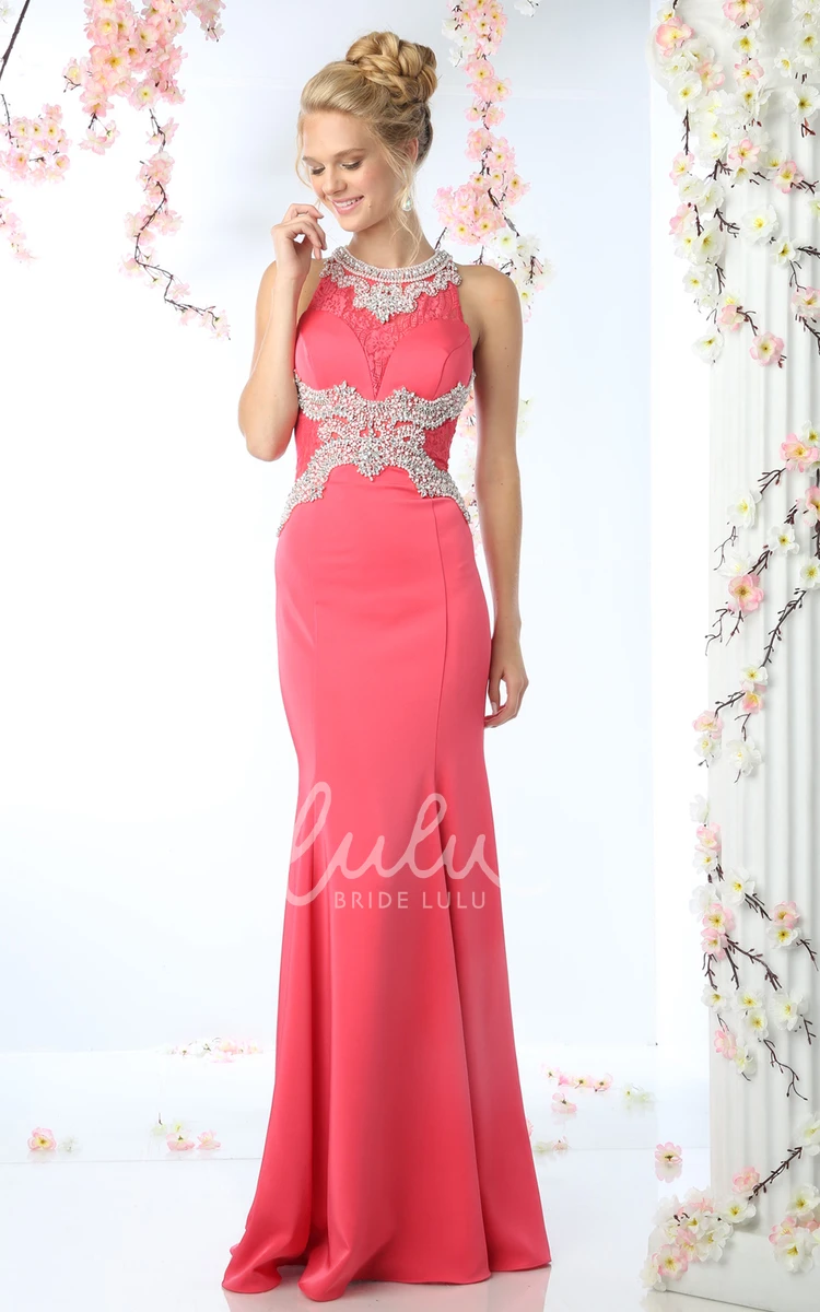 Sleeveless Sheath Jersey Keyhole Formal Dress with Beading and Lace