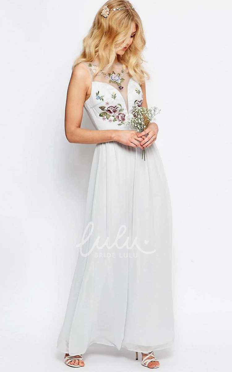 Embroidered Ankle-Length Chiffon Bridesmaid Dress with Scoop Neck Unique Flowy Dress