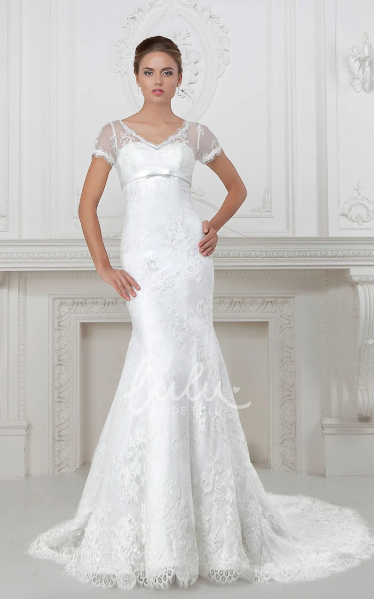 V-Neck Lace and Satin Trumpet Wedding Dress with Waist Jewelry