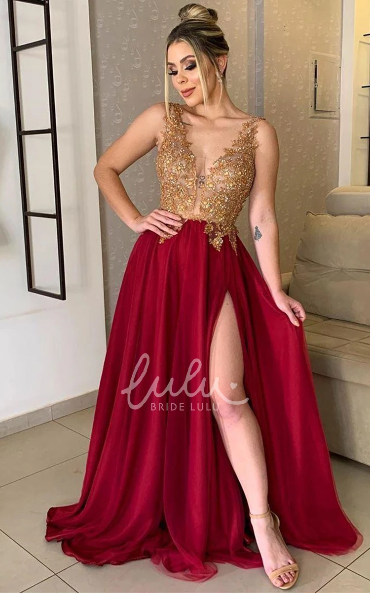 Lace A-Line Prom Dress with Beadings and Split Front Casual Formal Dress