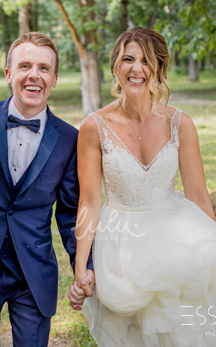 Country A-Line Plunging Neckline Chiffon Spring Wedding Dress With Deep-V Back And Appliques