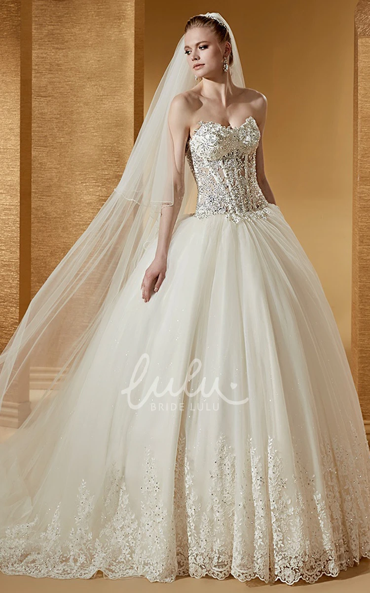 Ball Gown with Beaded Corset and Court Train Wedding Dress