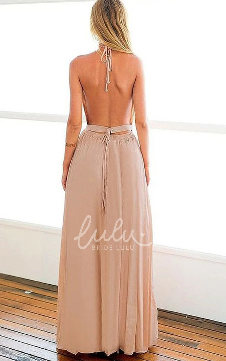 Halter Chiffon Sleeveless A Line Prom Dress with Split Front Ankle-length