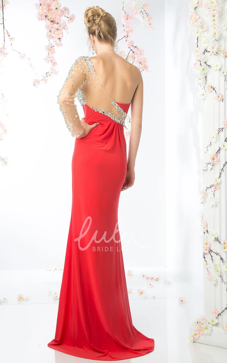 Illusion One-Shoulder Long Sleeve Formal Dress with Beading and Split Front