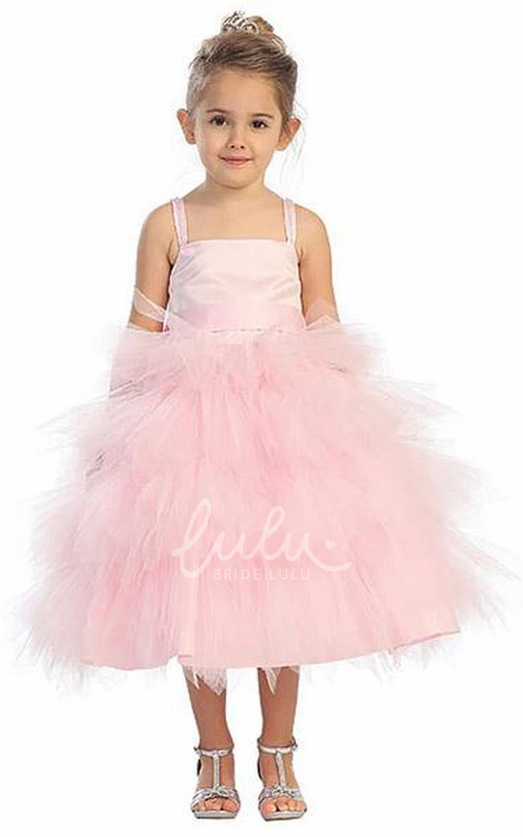 Beaded Tulle and Satin Flower Girl Dress with Spaghetti Straps Tea-Length