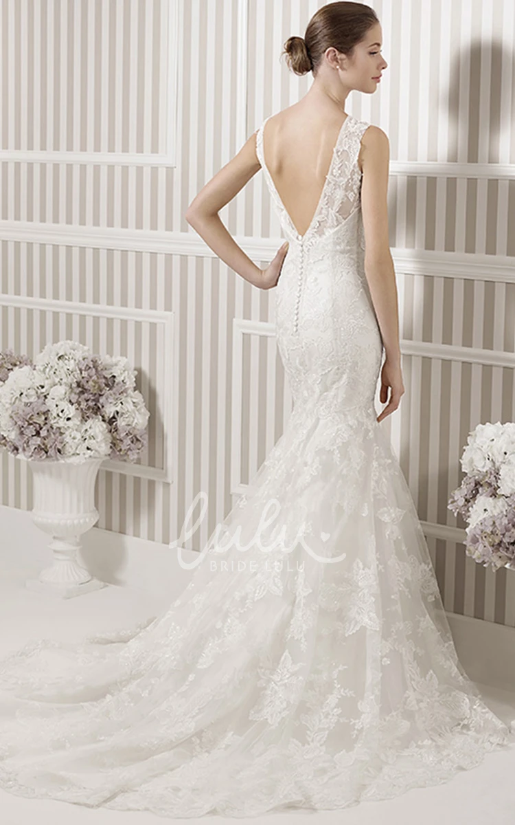 Sleeveless Lace Sheath Wedding Dress with Appliques Pleats and Deep-V Back Modern Bridal Gown