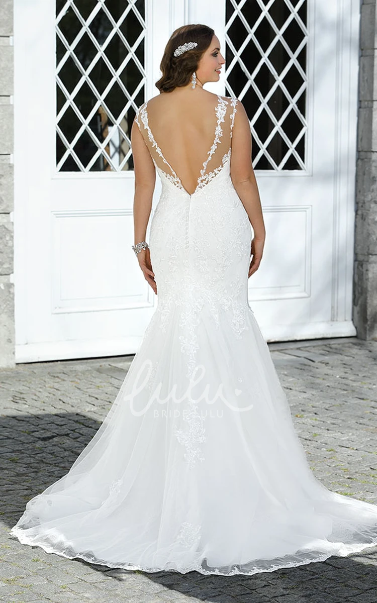 Lace Trumpet Dress with Bateau Neckline and Deep-V Back Brush Train